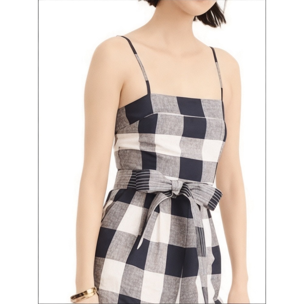 J. Crew Gingham Linen Wide Leg Jumpsuit Women S Navy Ivory Summer Coastal Vacay - Picture 2 of 13